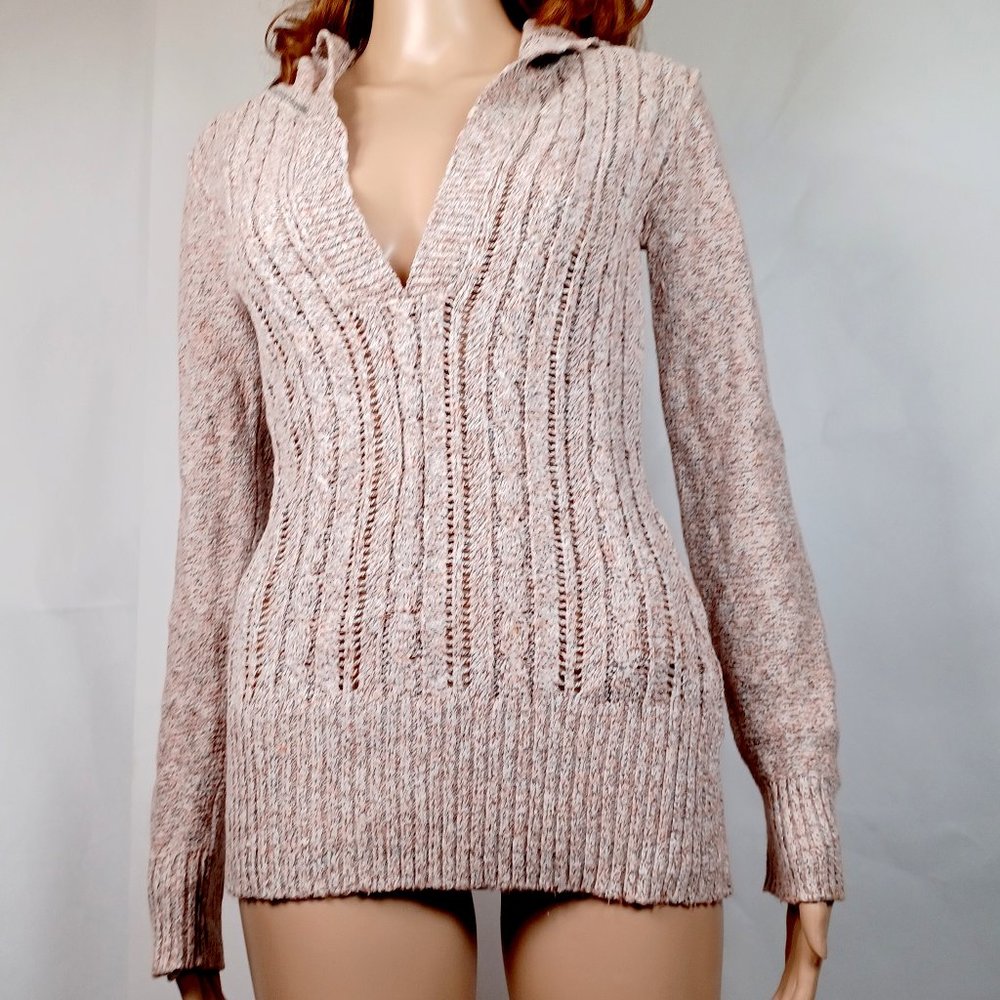 Maurices Openwork Knitted Tunic Pullover Hoodie Size Medium Tan Long Sleeve Vtg